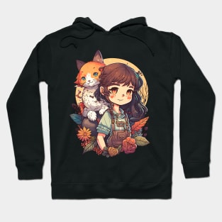 Girl & Ginger Cat Kawaii Anime Floral Cat Lover Hoodie